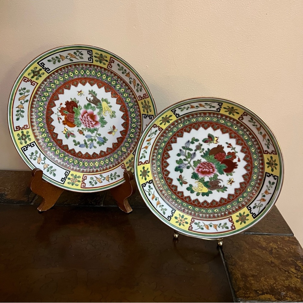Vintage Chinese Set of 2 Rose Porcelain Floral Butterflies  Birds Bowls